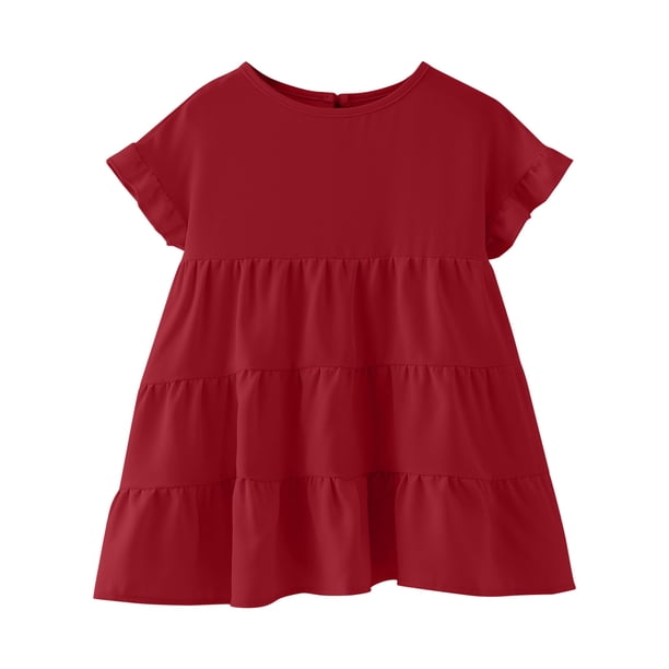 Gibobby Blusas Para Mujeres Camisetas para niñas pequeñas con volantes de manga corta con cuello redondo, blusa suelta de verano de Color sólido, camisetas informales para niñas(Rojo, 10-12 Años)