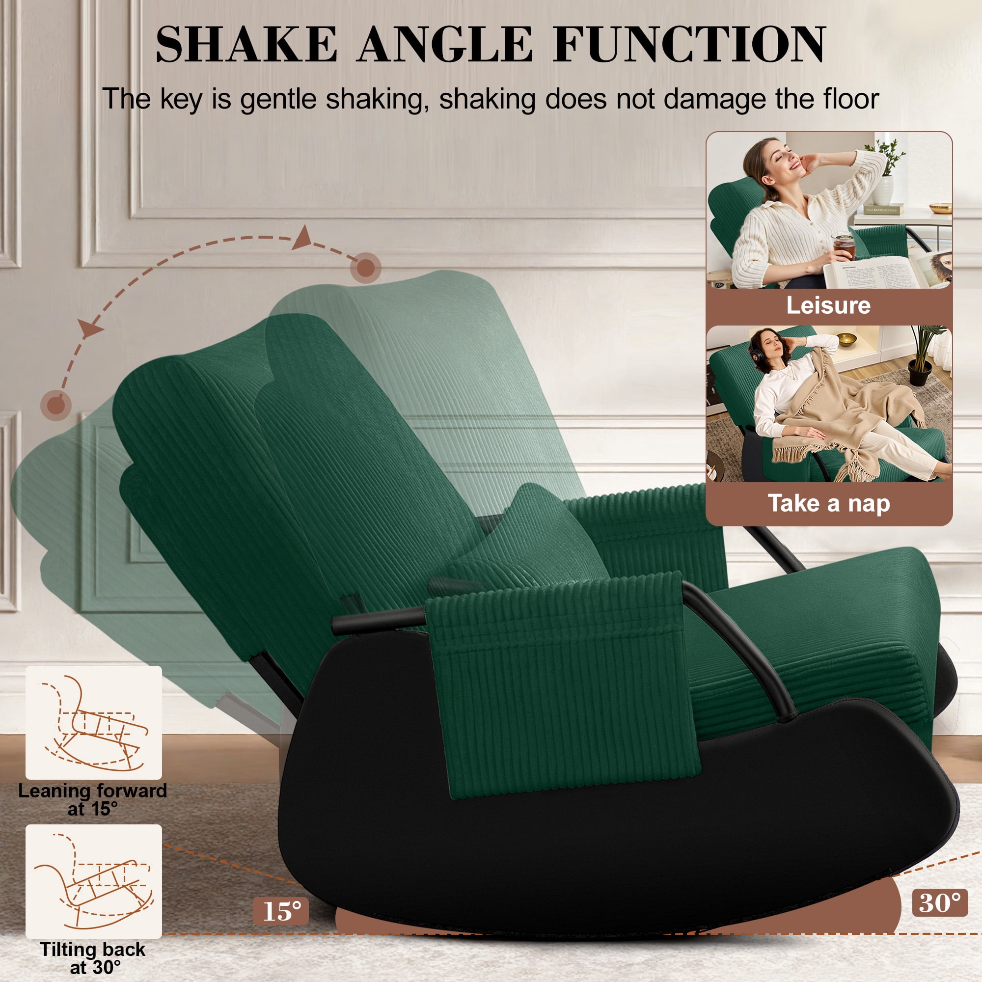 Primy Nursery Rocking Chair, Low-Seat Glider Chair, Upholstered Rocking Accent Chair Recliner with Side Pocket and Foot Rest for Mom Nursery Living Room Bedroom