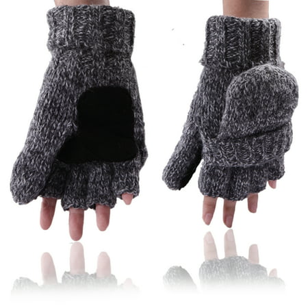 Fingerless Winter Gloves Flipover Insulated Thermal Knit Texting Mittens (Gray)