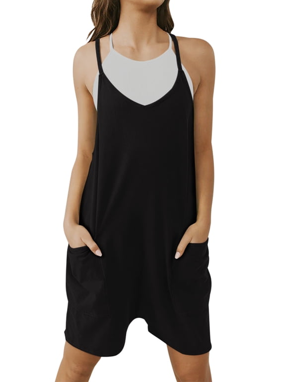 Women Sling Short Jumpsuit Summer Racerback Sleeveless Romper with Pockets