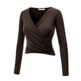 thumbnail image 2 of Made by Johnny Women's Deep V Neck Long Sleeve Cross Wrap Fitted Crop Top L BROWN, 2 of 6