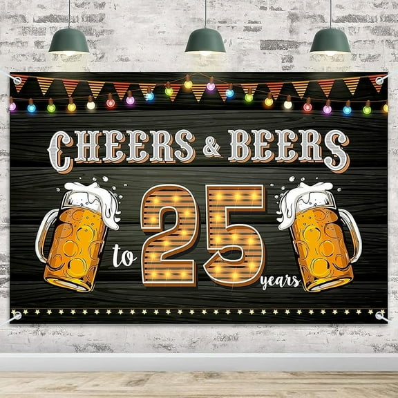 6x4Ft 25th Birthday Anniversary Banner Backdrop Cheers and Beers to 25 Years Birthday Anniversary Decorations Party Supplies