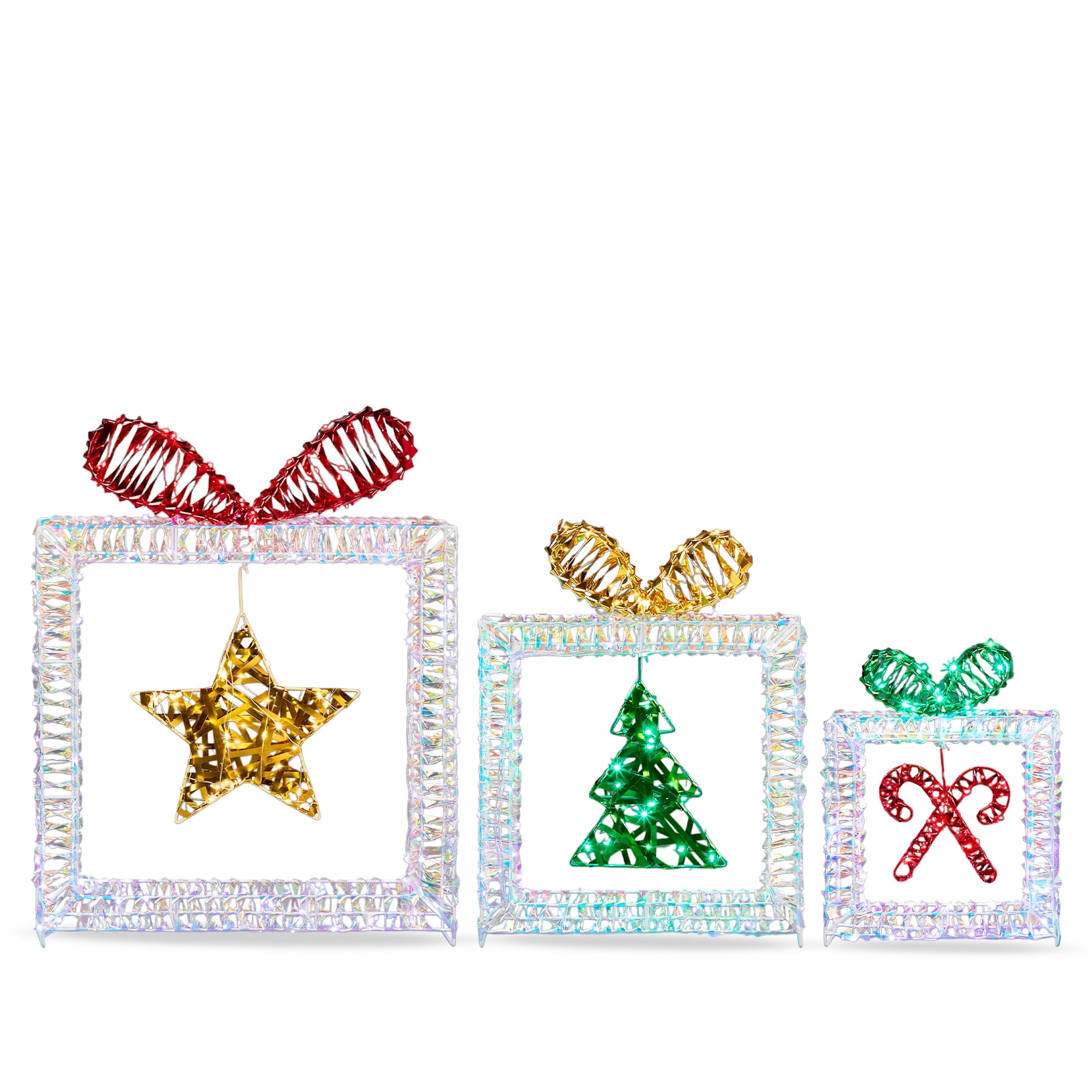 Astoutdoor Set of 3 Lighted Iridescent Cut-out Gift Box Christmas Decorations, Pre-lit Holiday Decor with 357 White LED Lights for Xmas Outdoor Indoor Decor Lighted Holiday Displays