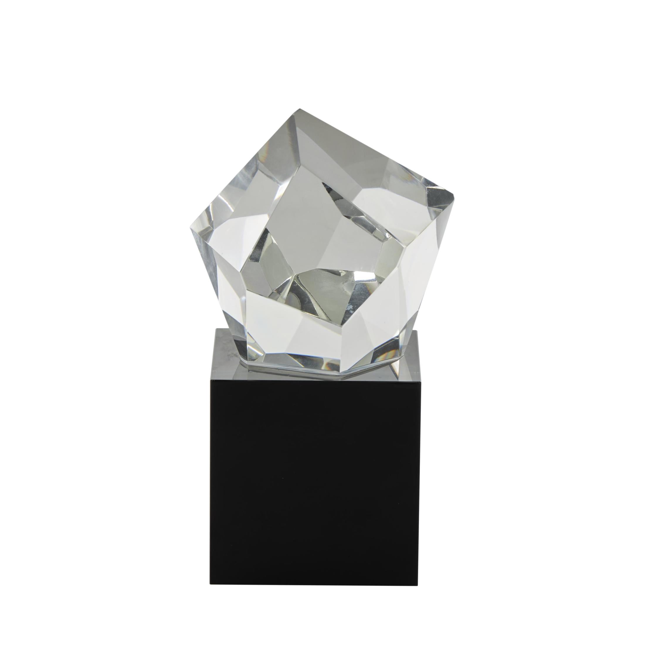 4" x 7" Clear Glass Cut Stone Inspired Geometric Sculpture with Black Base, by DecMode