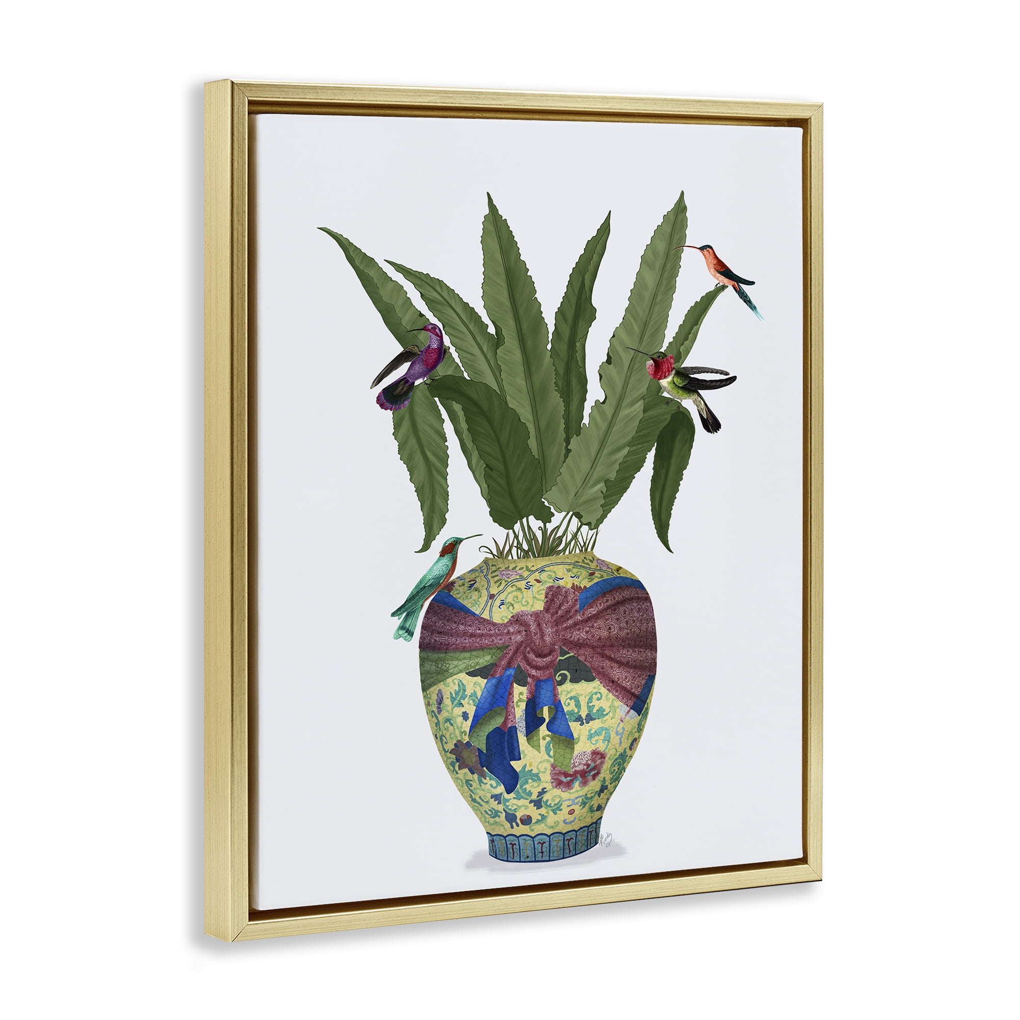 Stupell Industries Traditional Birds on Planter Botanical & Floral Painting Gold Floater Framed Canvas Art Print Wall Art, 17 x 21