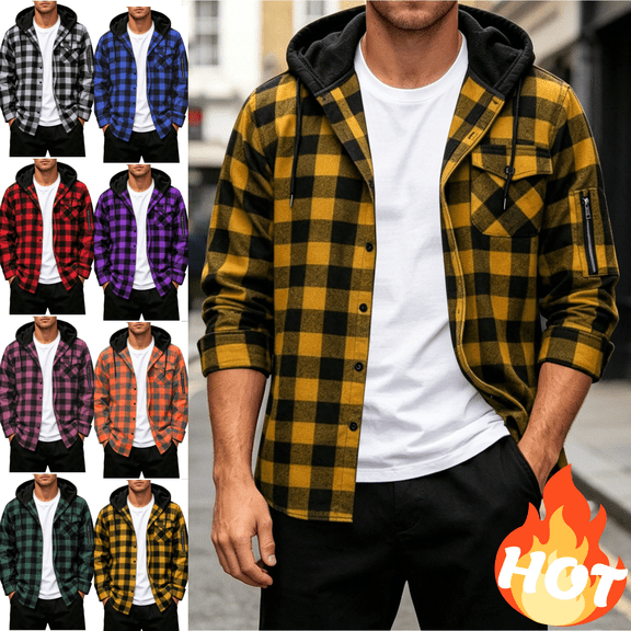 Mifsaly Mens Flannel Jacket Plaid Hooded Shirt Jackets Drawstring Long Sleeve Button Down Shacket Casual Loose Fit Outdoor Winter Outerwear Yellow,S