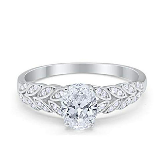 Solitaire Floral Accent Oval CZ Wedding Ring 925 Sterling Silver Size 4