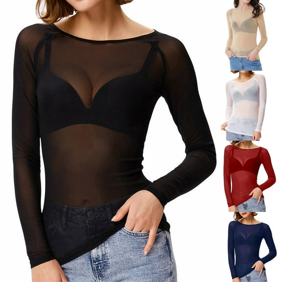 WULMLEO Womens Sheer Mesh Tops Shirts, Long Sleeve Mock Neck See-Through Slim Ladies Blouse T-Shirt Clubwear Black L