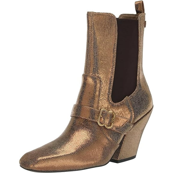 Sam Edelman Suzette Deep Gold Buckle Detailed Squared Toe Fashion Ankle Boots (Deep Gold, 7)
