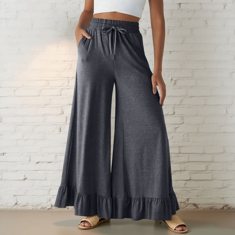 Women's Casual Palazzo Pants Ruffle Hem Wide Leg Trousers - Drawstring High Waist Baggy Loose Fit Lounge Pants With Pockets
