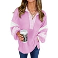 thumbnail image 3 of Women's Color Block Oversized Polo Sweatshirt V Neck Long Sleeve Casual Pullover Loose Tops, 3 of 6