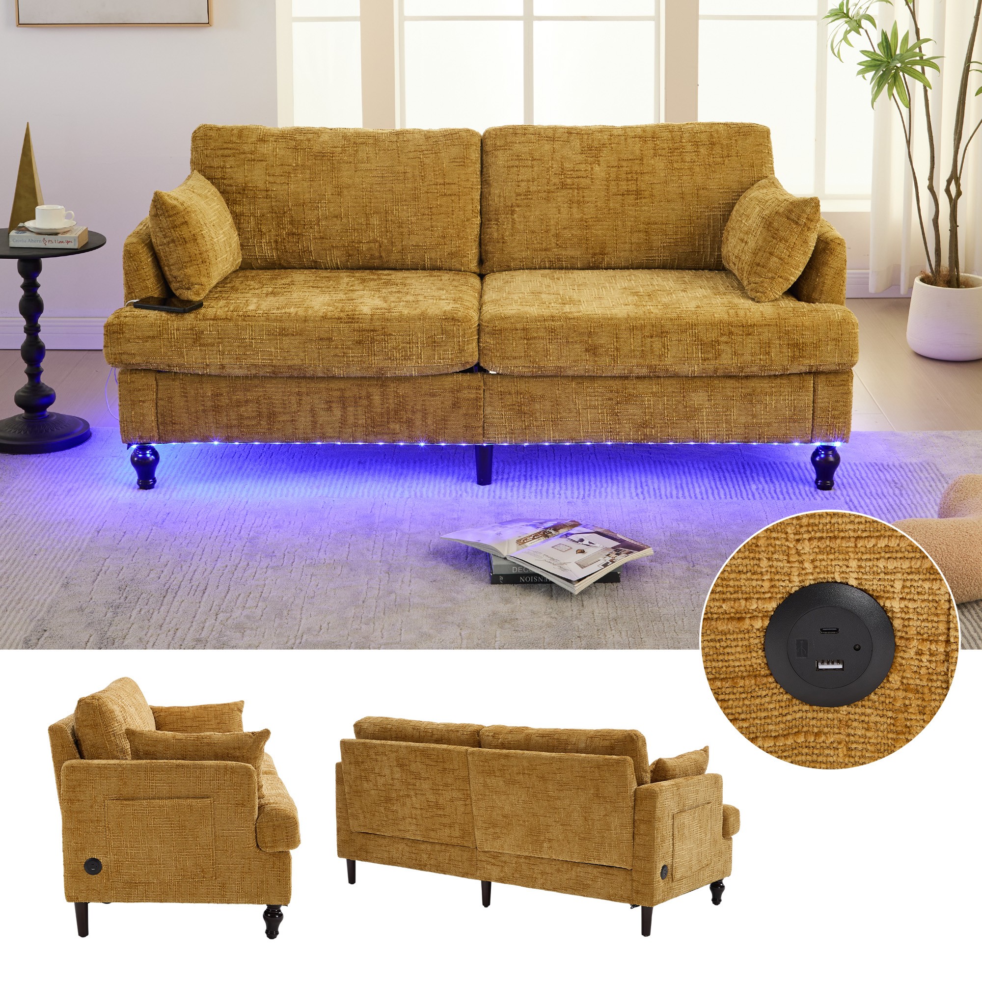 68.9" Sofa Couch,Modern 2 Seater Upholstered Loveseat Sofa Couch with LED light&USB for Living Room,Bedroom,Mustard yellow