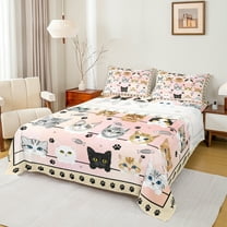 Manfei Cartoon Cute Cat Twin Sheet Sets for Kid, Pink Watercolor Twin Fitted Sheet, Kawaii Animal Paw Flat Sheet, Microfiber Bedroom Decor, 3-Piece