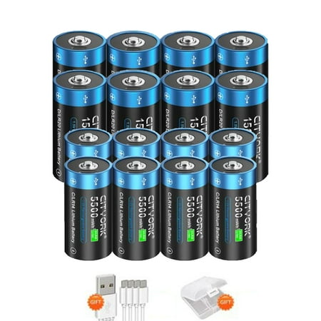 Image of 16 Pack 1.5V USB Lithium High Capacity Battery 8 Pack 5500mWh C Size Rechargeable Batteries and 8 Pack 15000mWh D Size Rechargeable Batteries with Battery Case and Charging Cable