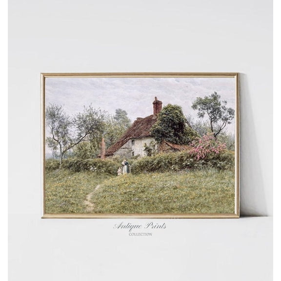 Vintage Cottage, Landscape Print, Spring Garden Antique Wall Art, Country Farmhouse Wall Decor, Home Decor #615, 8x12 UNFRAMED