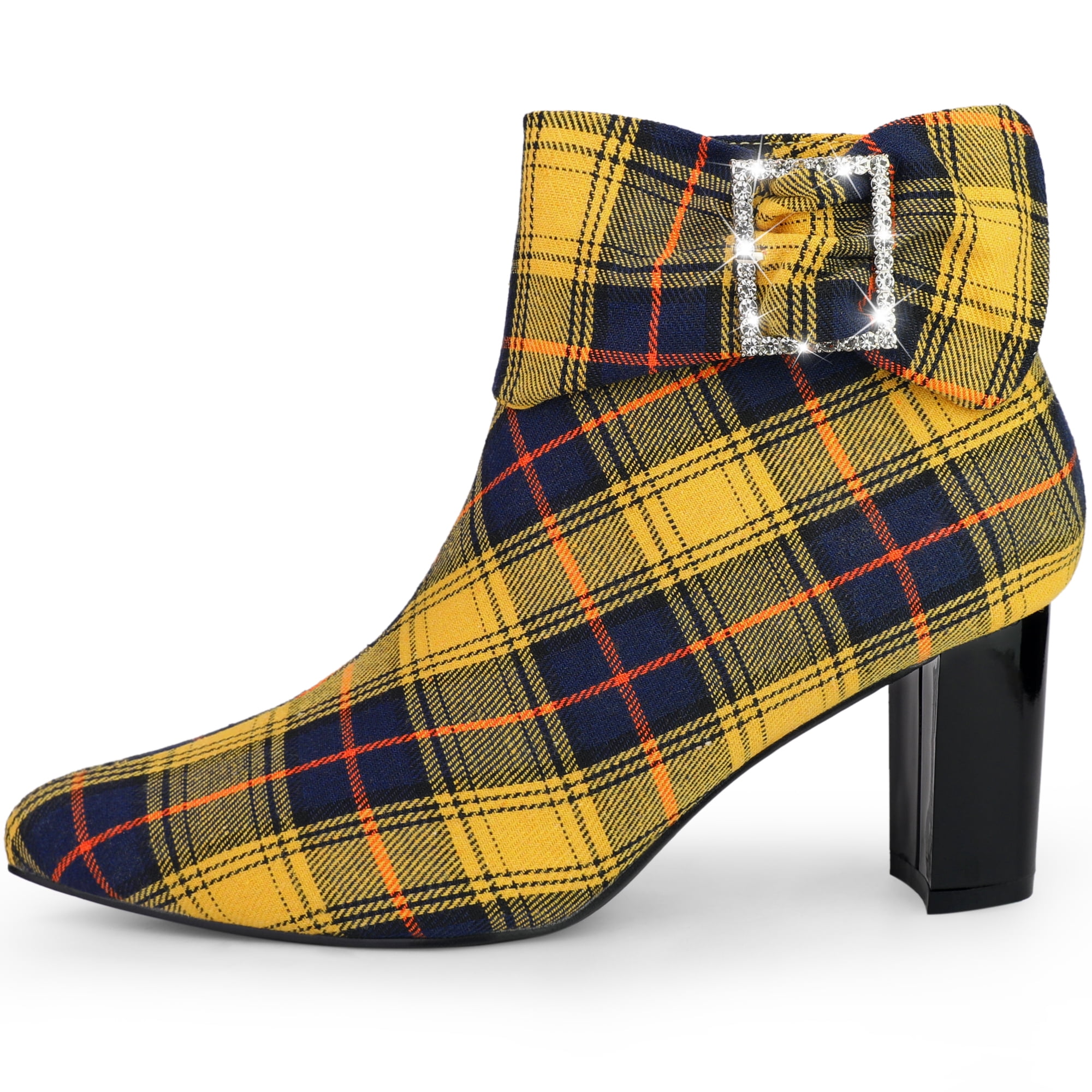 Unique Bargains Plaid Pointy Toe Bow Decor Zipper Chunky Heels Ankle Boots for Women Yellow 8