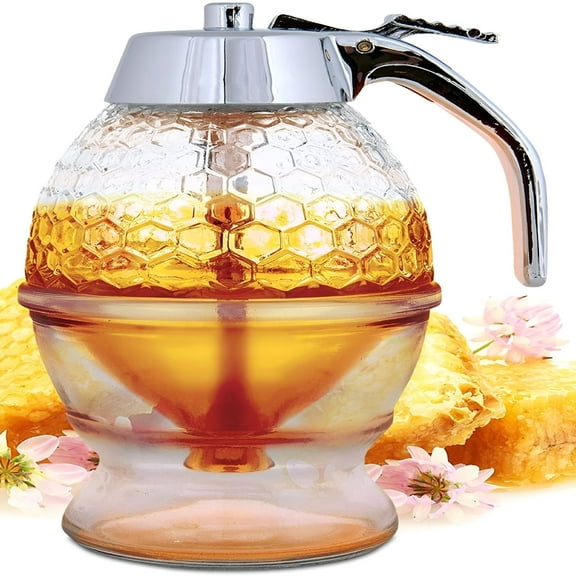 ACDANC Honey Dispenser No Drip Glass - Maple Syrup Dispenser Glass - Beautiful Honey Comb Shaped Honey Pot - Honey Jar with Stand,Great Bee Decor