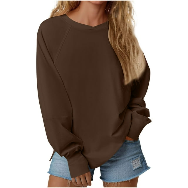 BLVB Sweatshirt for Women Crewneck Raglan Long Sleeve Side Split Tops Casual Solid Color Loose Pullover Shirts Fall Clothes