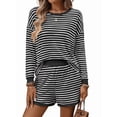 thumbnail image 3 of 2 Piece Sets for Women Summer Cute Stripe Long Sleeve Knit T Shirts Shorts Matching Lounge Set Black S, 3 of 8