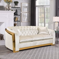 Modern Velvet 3-Seat Chesterfield Sofa Set, 84 Inches with Gold Stainless, Beige Fabric