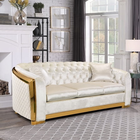 Modern Velvet 3-Seat Chesterfield Sofa Set, 84 Inches with Gold Stainless, Beige Fabric