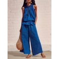 thumbnail image 4 of Women's Linen 2 Piece Outfits Sleeveless Ruffle Top Wide Leg Pants Summer Loungewear Beach Sets Blue M, 4 of 8