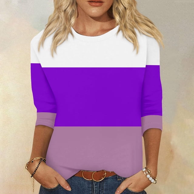 Mefallenssiah Blouses pour Femmes 2024 Mode Blouses Amples pour Femmes Bloc de Couleur Imprimé T-Shirt Manches 3/4 Col Rond