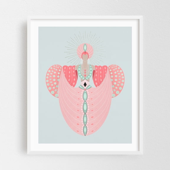Art Deco lady - pink drape dress - Illustration Art Deco Geometric Modern Art Pattern Fashion Surrealism Abstract White Framed Wall Art Print 11 x 14 inches