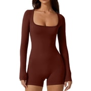 XBMego Athletic Rompers Women Workout One Piece Unitard Bodycon Sexy Square Neck Long Sleeve Short Ribbed Stretch Jumpsuits Petite Yoga Seamless Bod