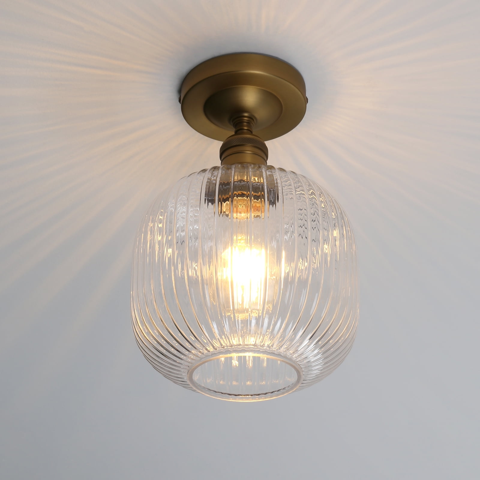 Pathson Industrial Semi Flush Mount Ceiling Light, Ribbed Clear Glass Lampshade Close to Ceiling Light for Living Room Dinning Room Kitchen Porch