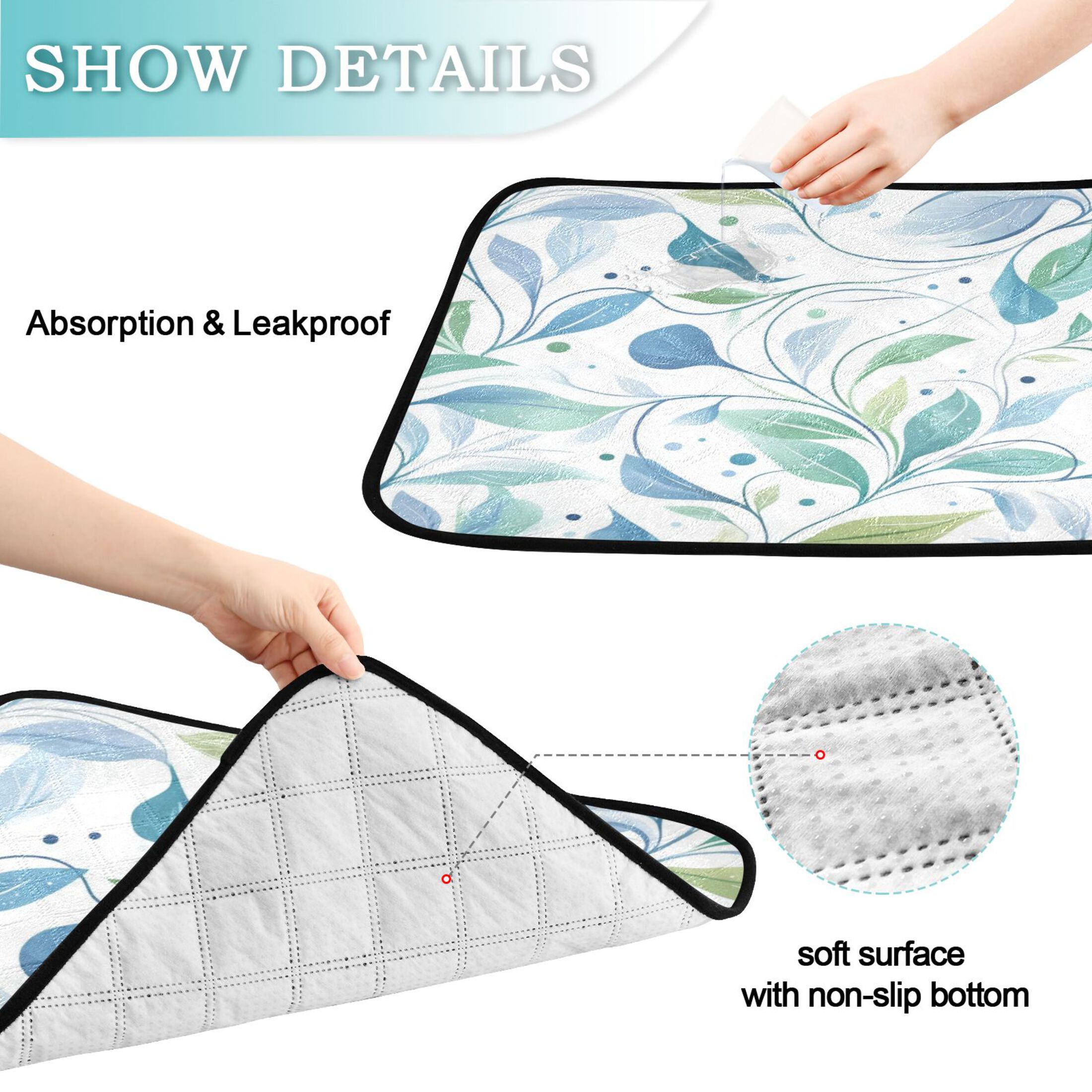 Washable Pet Pee Pads with Super Absorbent Reusable Training Pads for Dogs & Cats Blue Leaves
