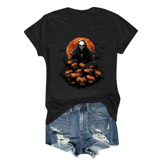 Jsaierl Halloween Shirts for Women Plus Size Pumpkin Ghost Graphic Tees Classic Crewneck T-shirt Short Sleeve Dressy Casual Blouse Tops Halloween Costumes