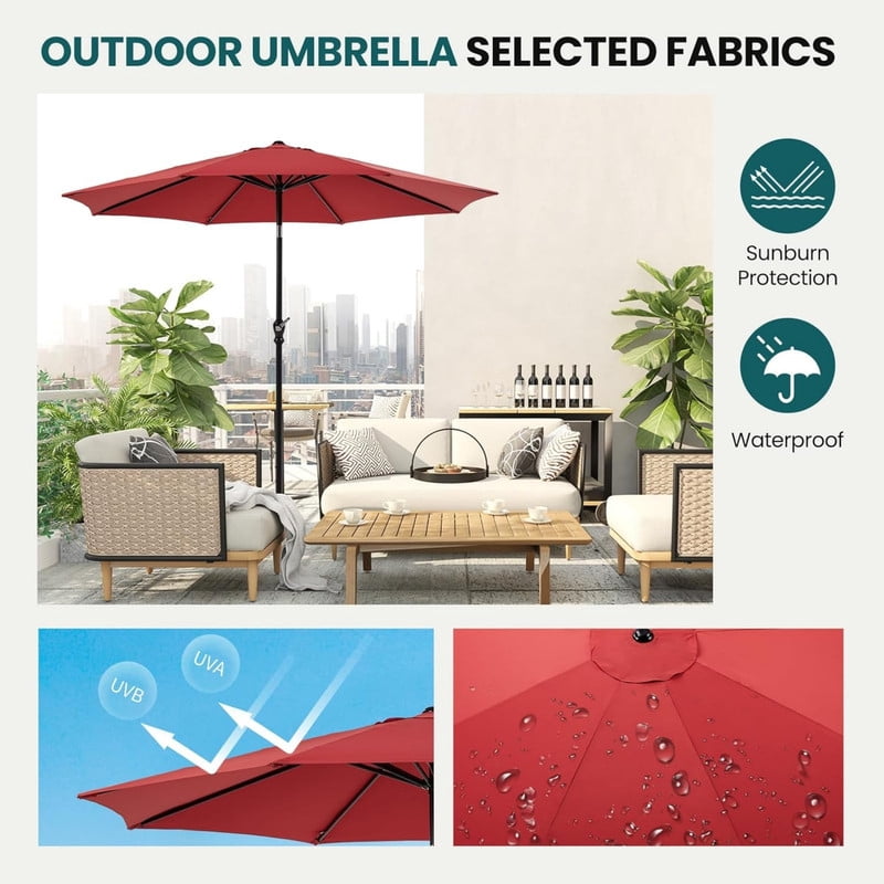 Kelno 9FT Patio Umbrella with Tilt and Crank Button 8 Sturdy Ribs UV Protection Waterproof, Red