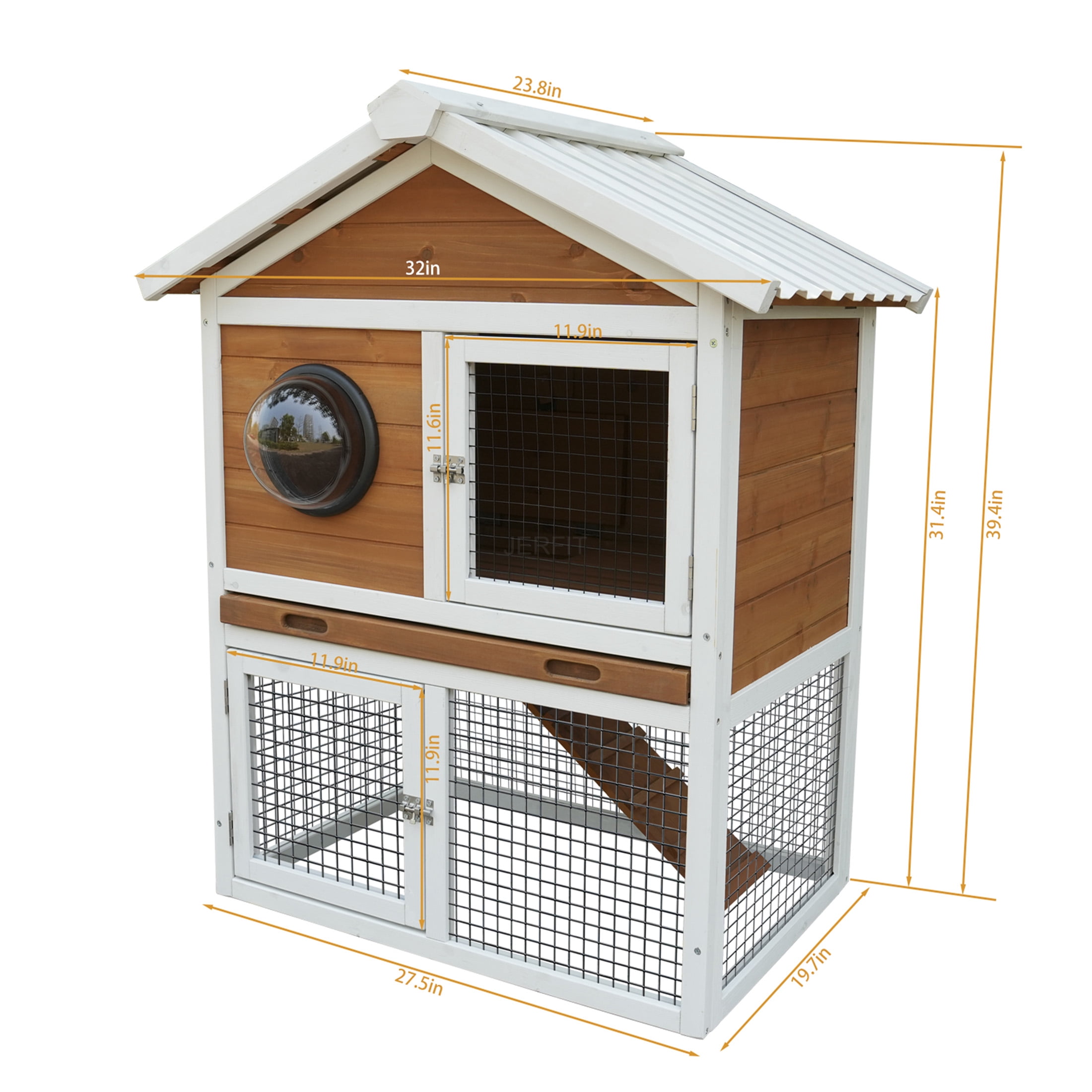 JERFIT Outdoor Rabbit Hutch with Waterproof Roof, 2-Tier Wooden Bunny Cage with Pull-Out Tray & Ramp for Rabbits, Guinea Pigs, Small Animals