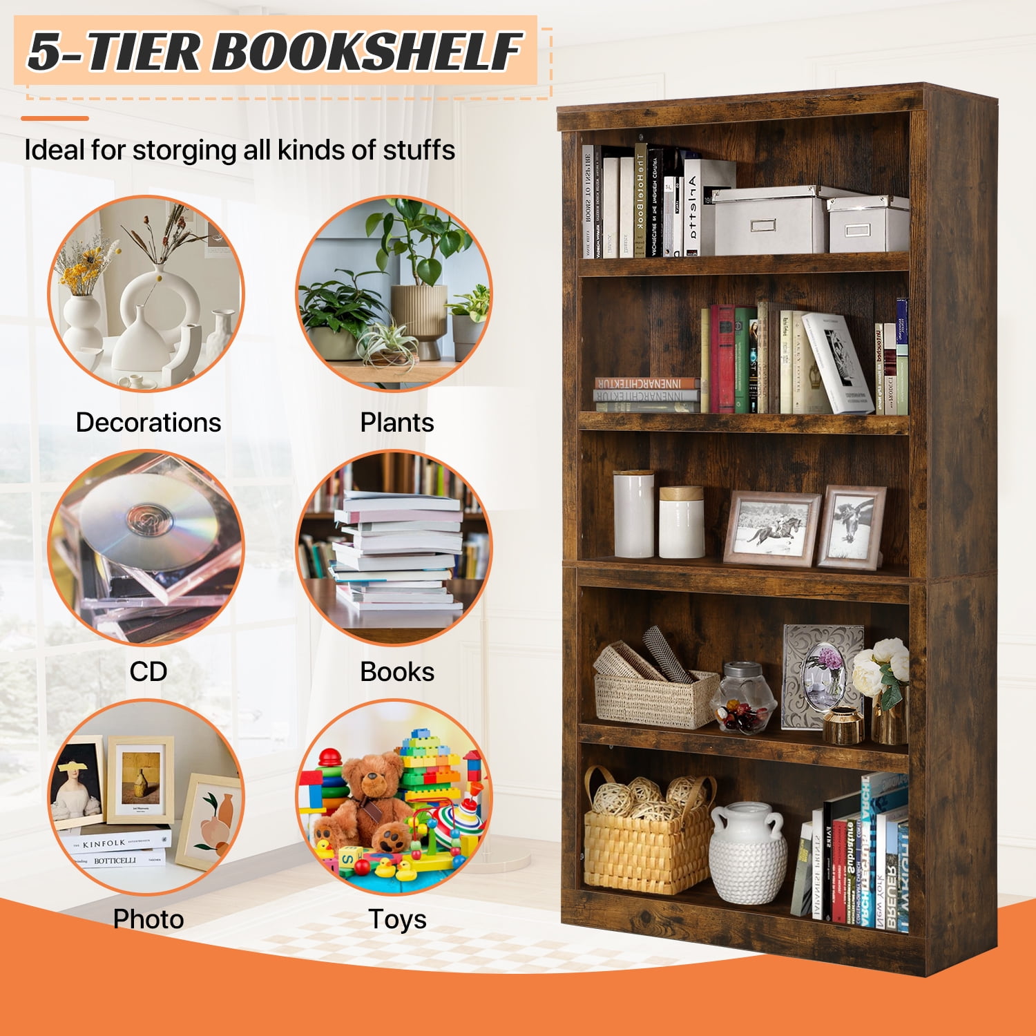 69.9" Tall Bookcase, 5-Tier Bookshelf Wood Bookshelves for Home Living Room Office, Brown