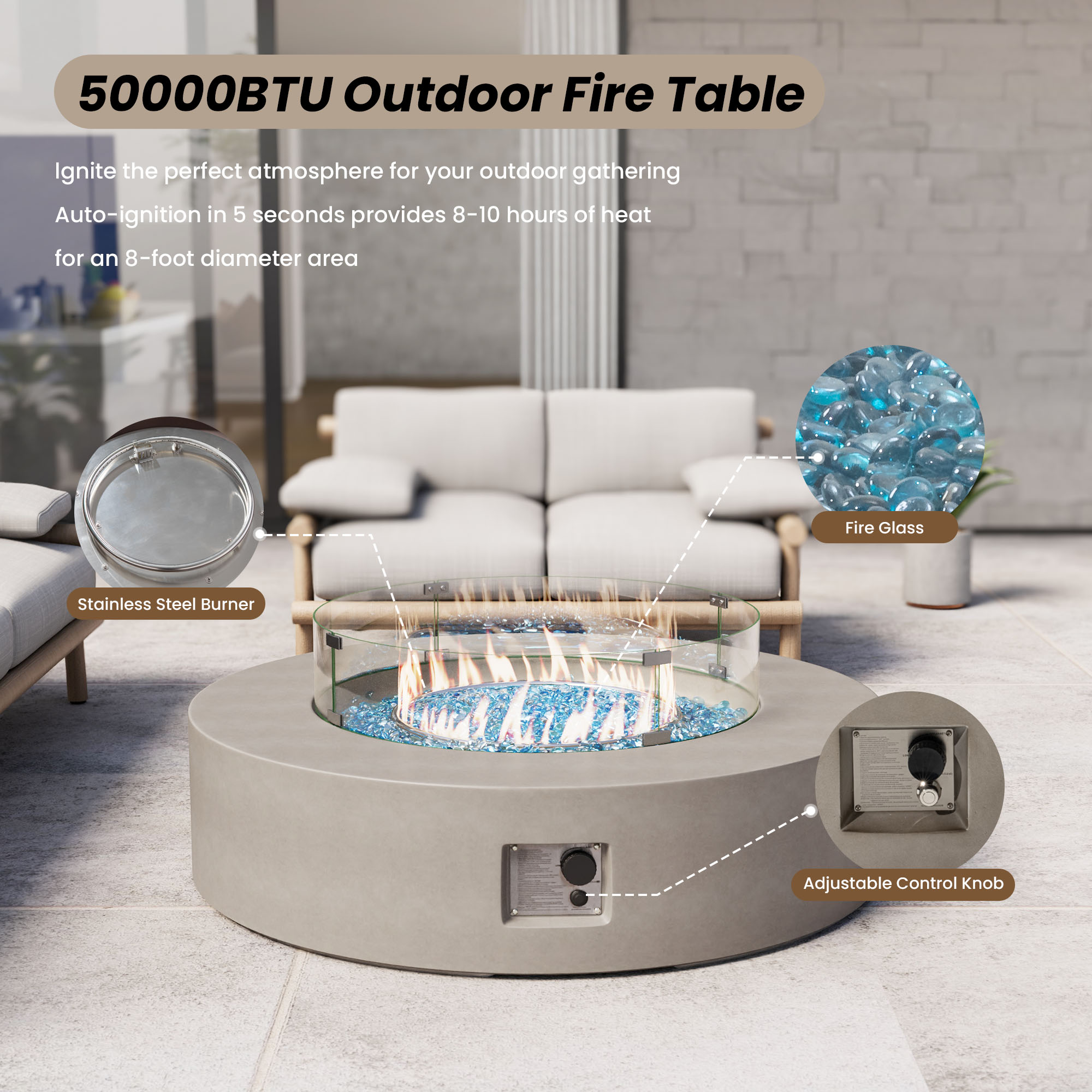 VENTOPYR Outdoor Propane Fire Pit Coffee Table, 40.5-inch Round, 50,000 BTU, Gray Finish with Wind Guard, Fire Glass, Rain Cover