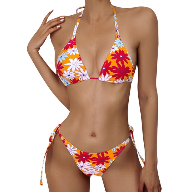 Aayomet Bathing Suit for Women 2 Piece Bikini Floral Print String Triangle Bikini Sets (Orange, S)