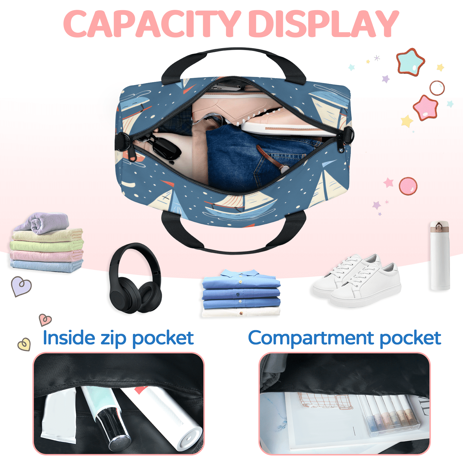 Herdesigns Coastal Sailboat Gym Bag for Women, Duffle Bag for Travel Sport, Seaside Nautical Lightweight Waterproof Carry on Weekender Dance Yoga Workout Bags
