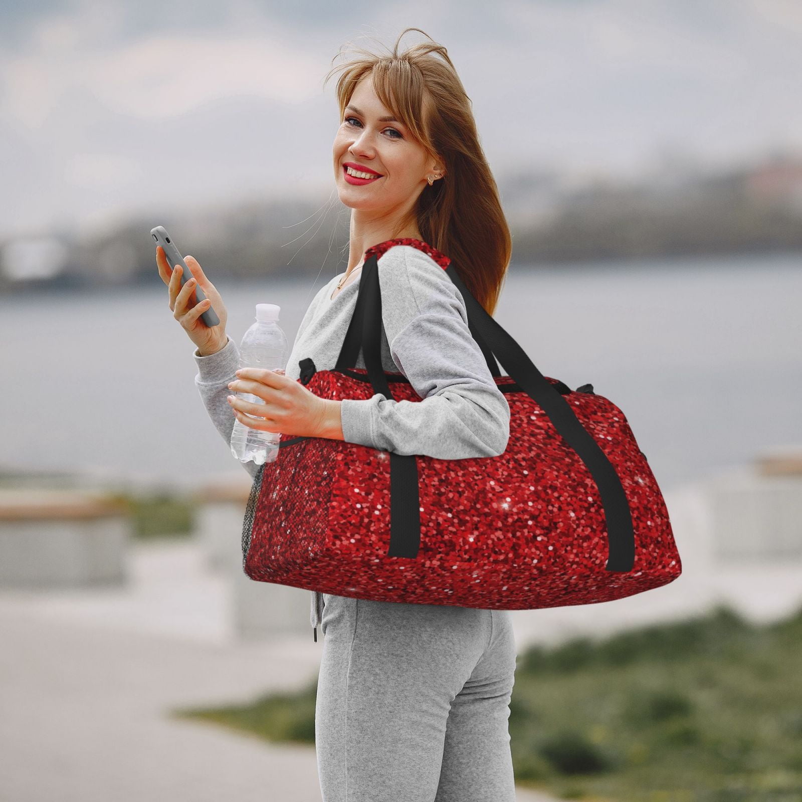 Ratiio Red Glitter Pattern Hand Travel Bag, Weekender Carry On for Women Men, Sports Gym Bag, Workout Duffel Bag, Overnight Shoulder Bag fit 15.6 Inch Laptop