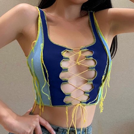 

CYMMPU Women Clothing Women s Sleeveless Sexy Bustier Summer Shirts Cami Vest Patchwork Tank Slim Fit Crop Tops Streetwear Cropped Tank Blue