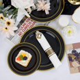 thumbnail image 3 of 350 Pieces Black and Gold Plastic Plates with Disposable Silverware, Include 50 Dinner Plates 9”, 50 Dessert Plates 6.3”, 50 Gold Rim Black Cups 9 OZ, 50 Pre Rolled Napkins Packed in, 3 of 16