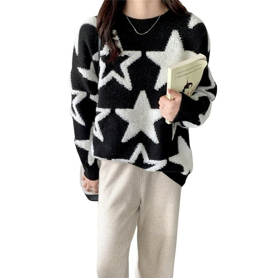 Sedceaty Women's Round Neck Sweaters, Vintage Star Print Long Sleeve Loose Knit Pullover Tops