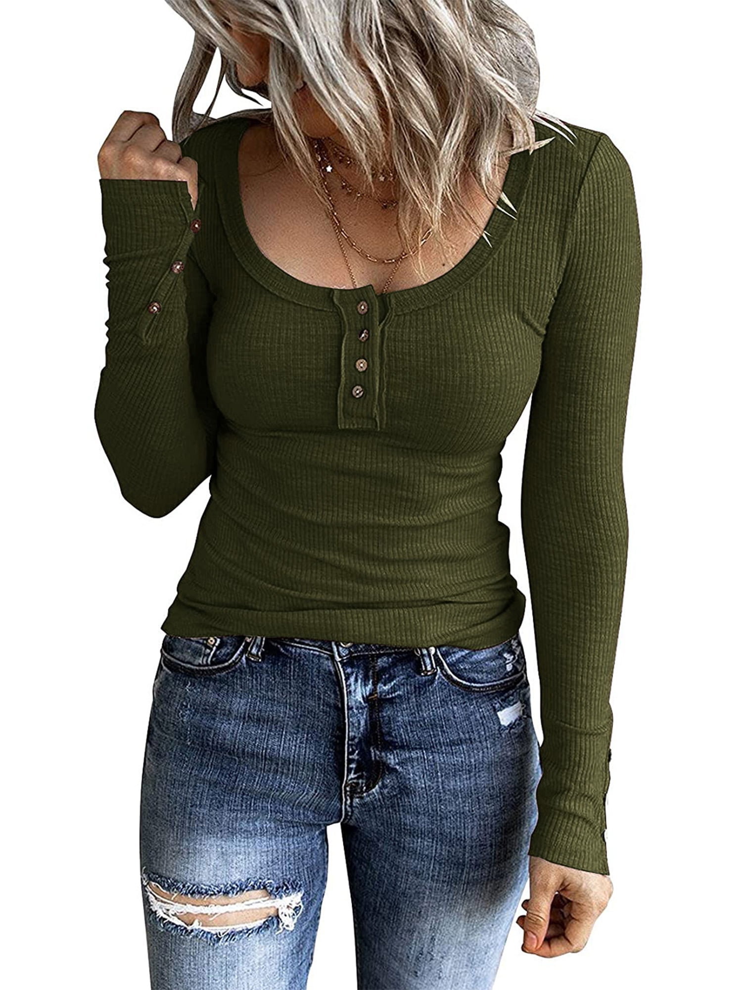 Seyurigaoka Women's Henley Long Sleeve Shirts Button Down