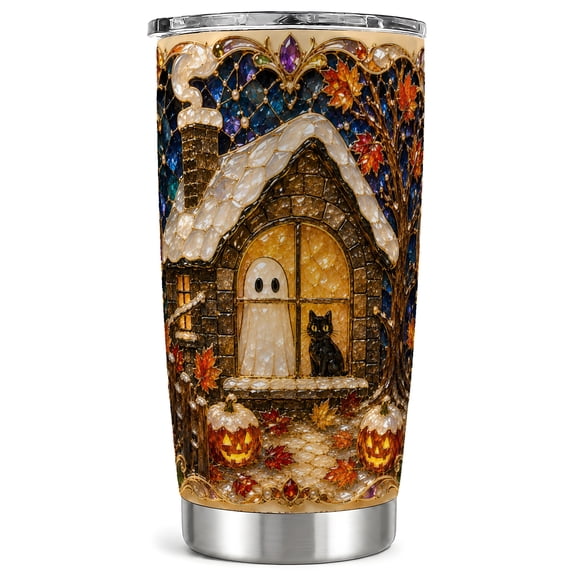 Ghost House Tumbler 20oz, Cat Tumbler, Halloween Stainless Steel Travel Cup