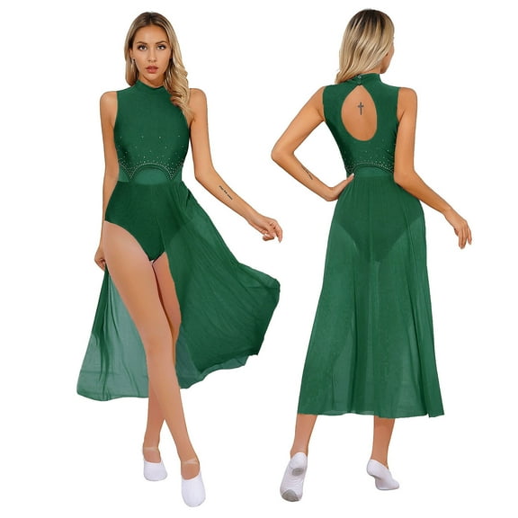 iiniim Women's Sleeveless Mock-Neck Cutout Back Lyrical Modern Dance Ballet Dress Green S