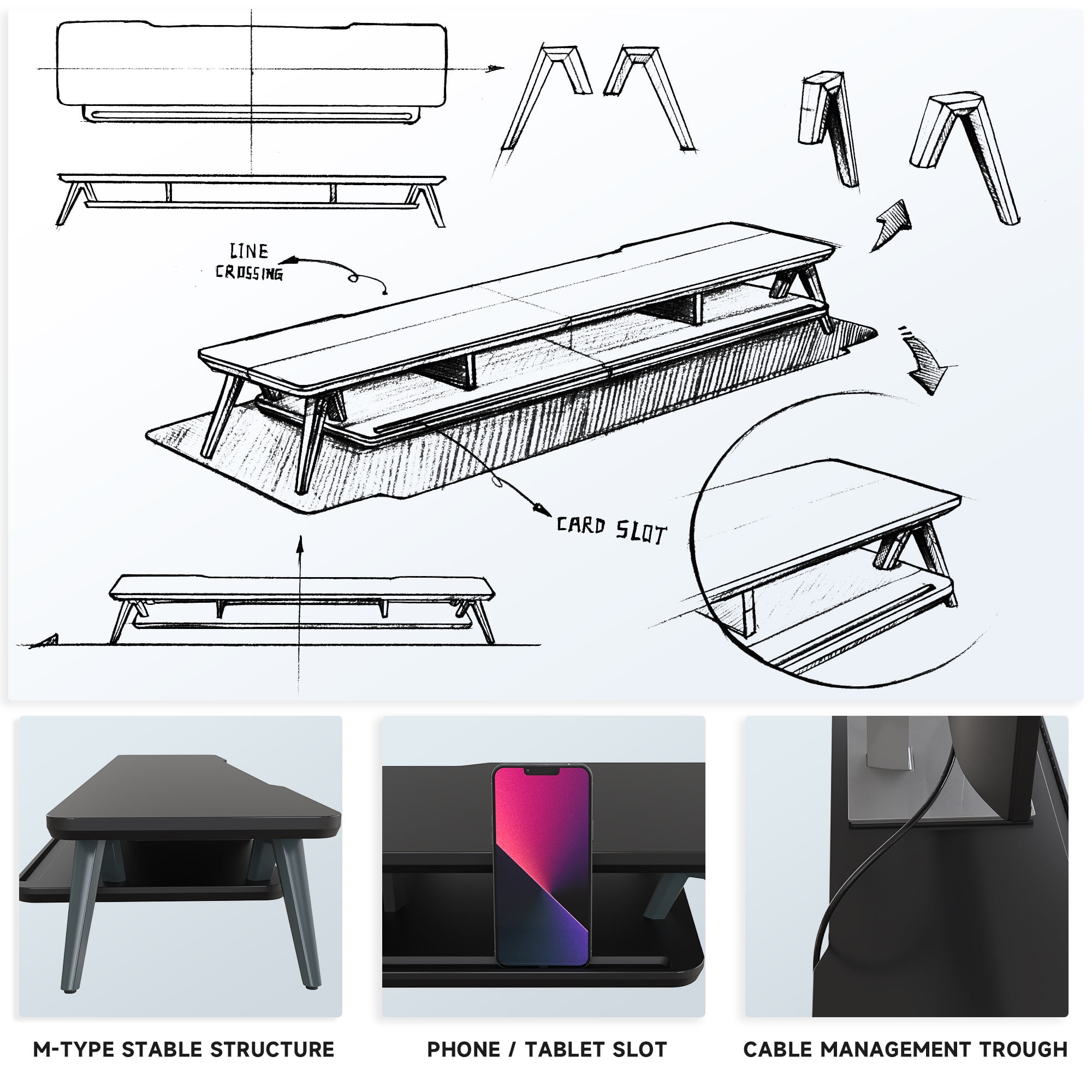 Dual Monitor Stand, 42.5 Inch Wood Desk Shelf with Storage Organizer and Cable Management for Office Desk Accessories