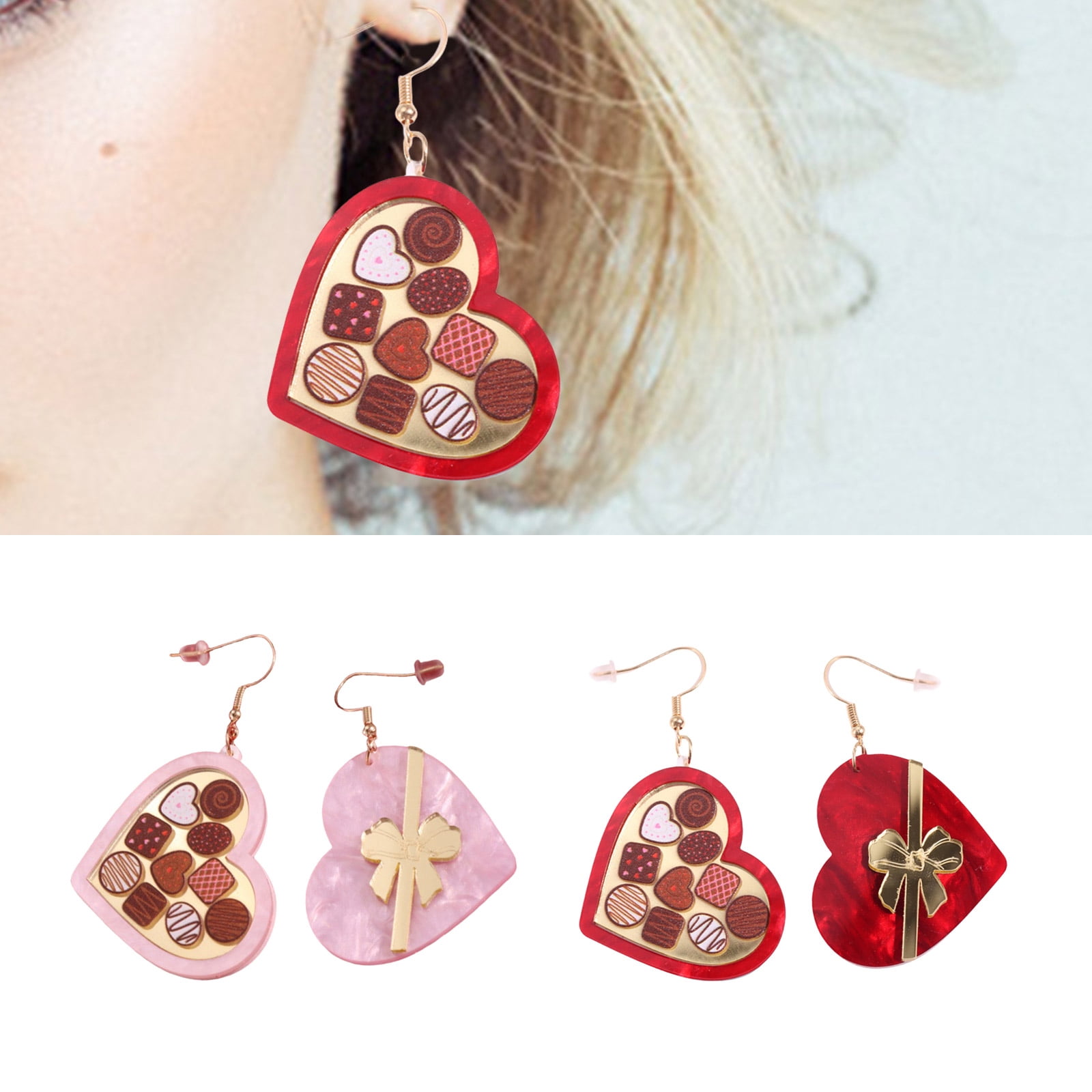 Fogun Stylish Heart Shaped Box Earrings Trendy Ear Studs Chocolate Bowknot Ear Rings Fashionable Valentine's Day Jewelry