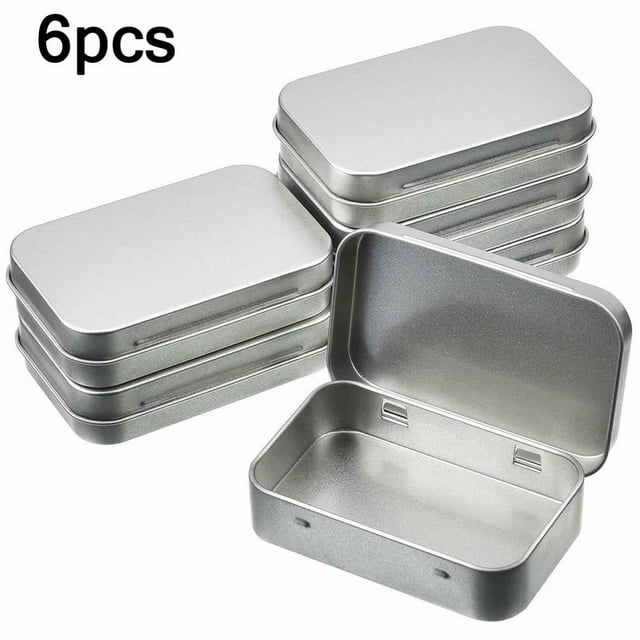Caja de metal de 6 piezas, contenedor de hojalata, tapa con bisagra vacía, caja de almacenamiento pequeña vacía