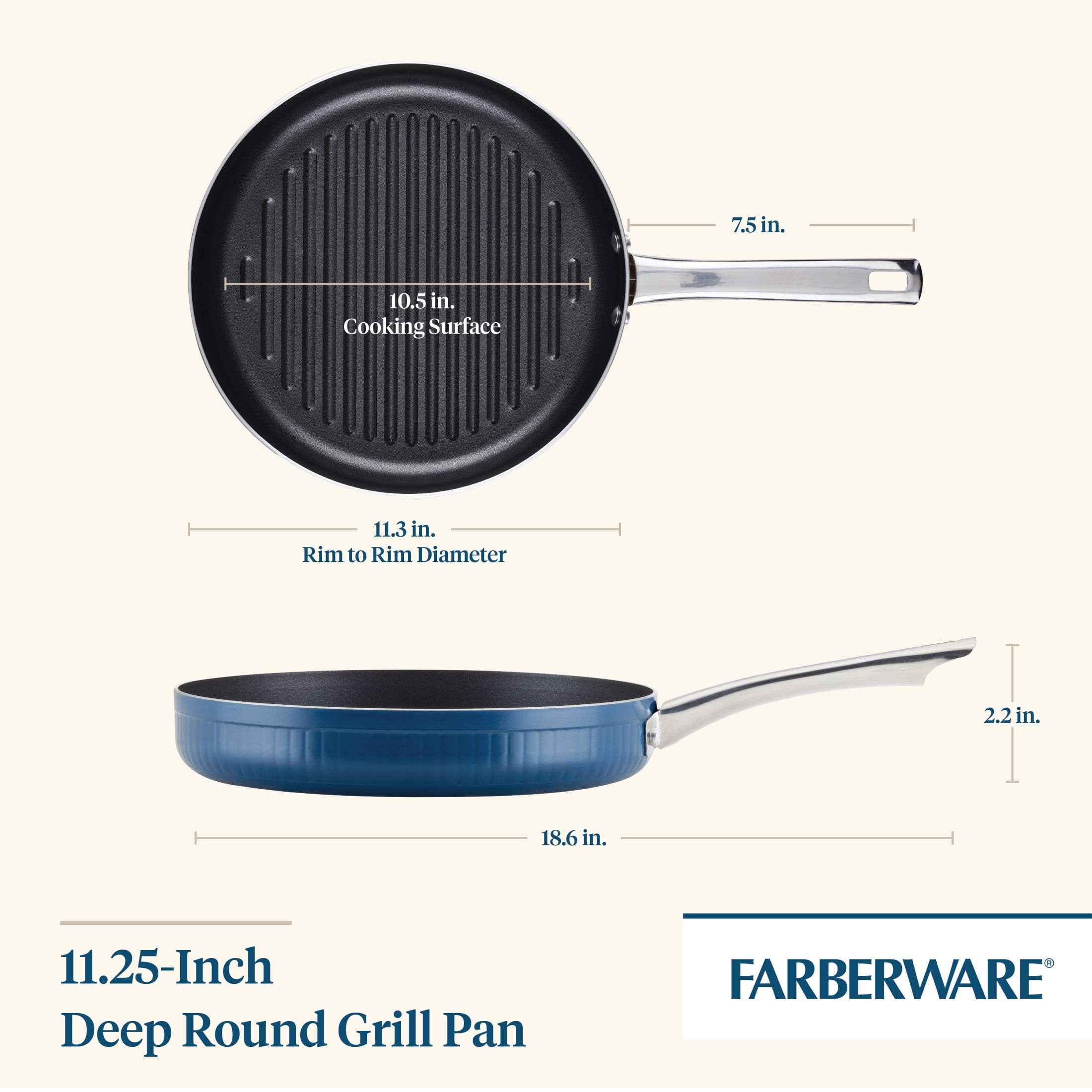 Farberware Style 11.25 Inch Nonstick Deep Round Grill Pan, Dishwasher Safe and Oven Safe to 500°F, Blue