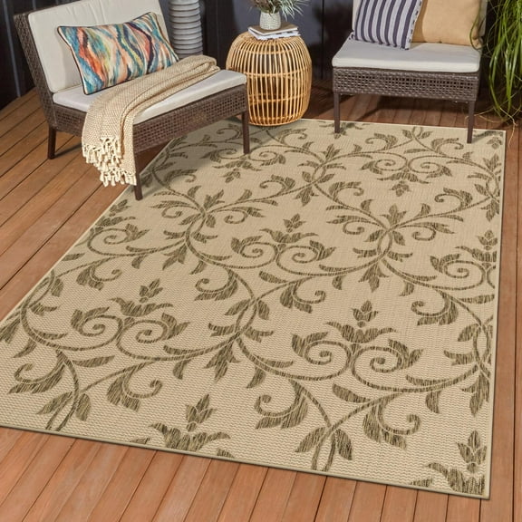 Unique Loom Outdoor Botanical Collection Area Rug - Victorian (5' 3" x 8' Rectangle Beige/Brown)
